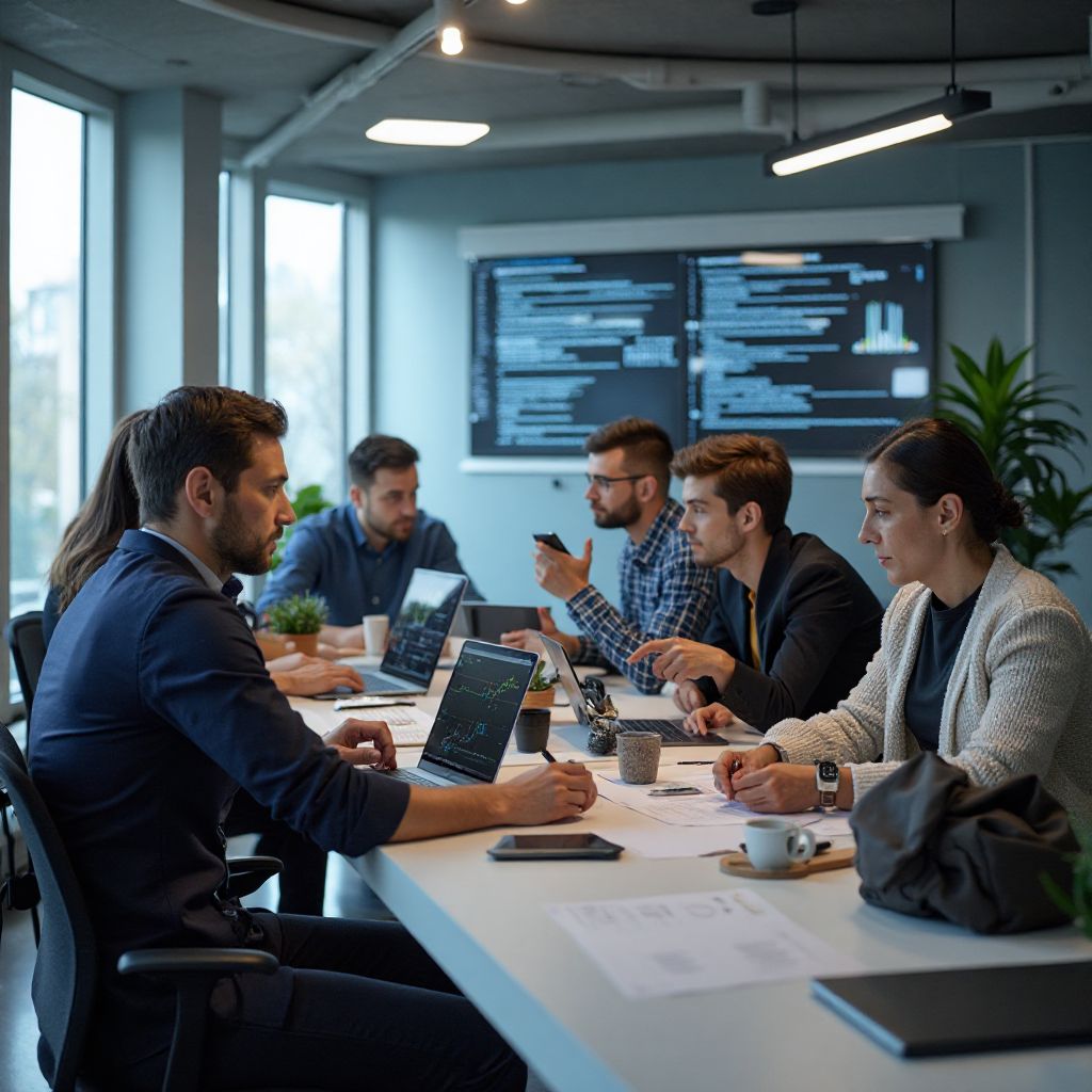 Echipa noastră lucrând în biroul modern